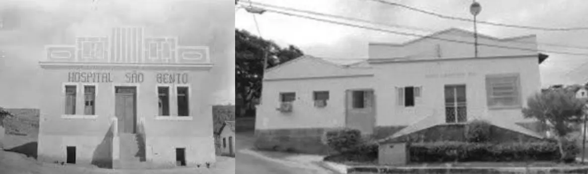 Duas fotografias em preto e branco de fachadas identificadas como Hospital São Bento de Novo Cruzeiro